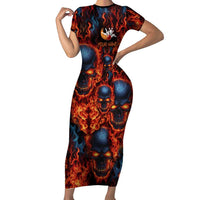 Custom Flaming Skull Bowling Short Sleeve Bodycon Dress with Fiery Pins and Intense Red Blue Flame Pattern - Wonder Print Shop