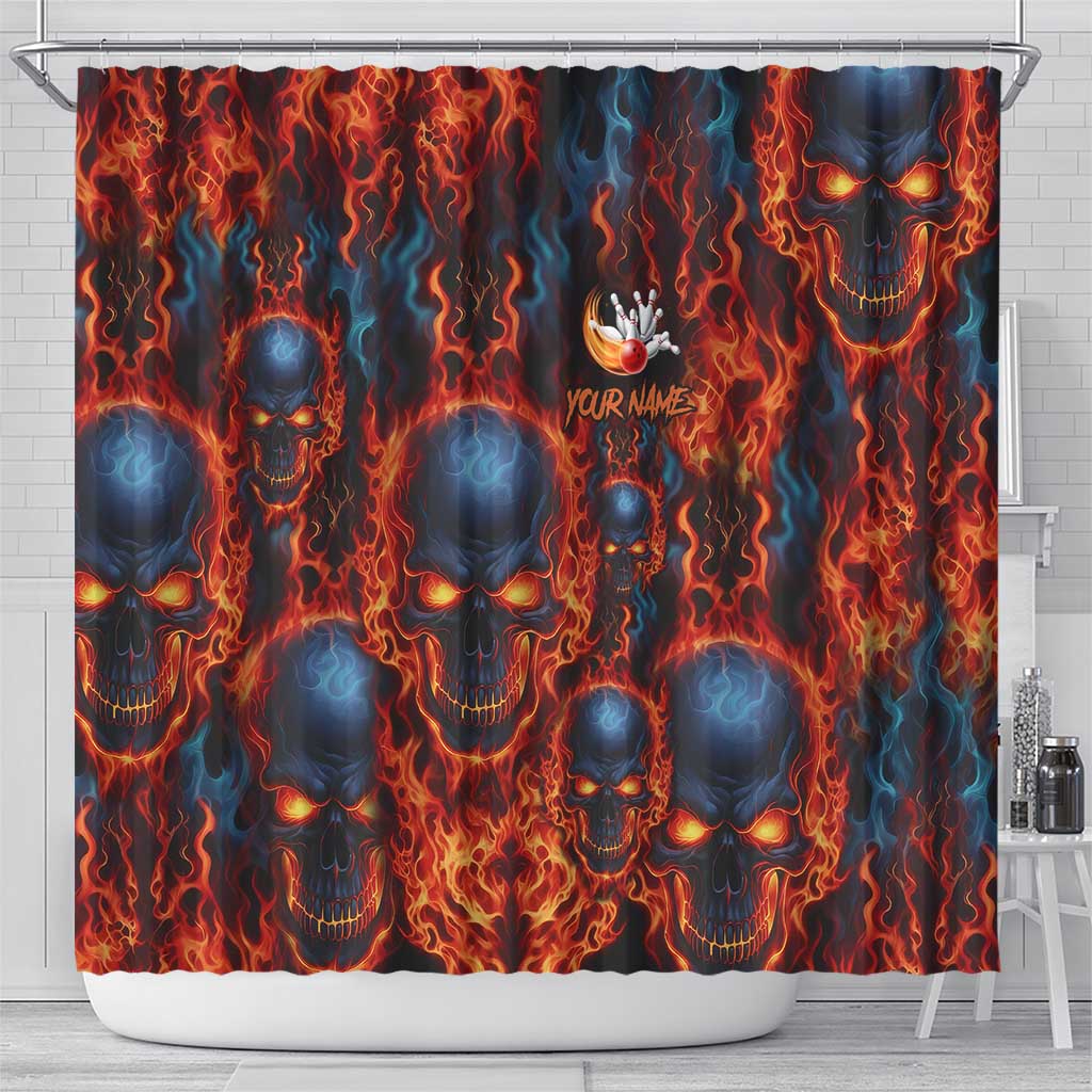 Custom Flaming Skull Bowling Shower Curtain with Fiery Pins and Intense Red Blue Flame Pattern - Wonder Print Shop