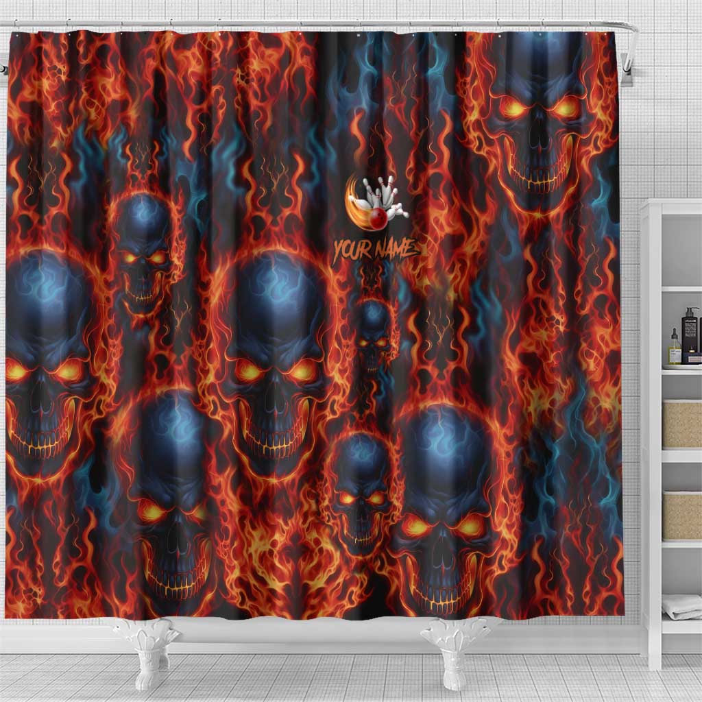 Custom Flaming Skull Bowling Shower Curtain with Fiery Pins and Intense Red Blue Flame Pattern - Wonder Print Shop