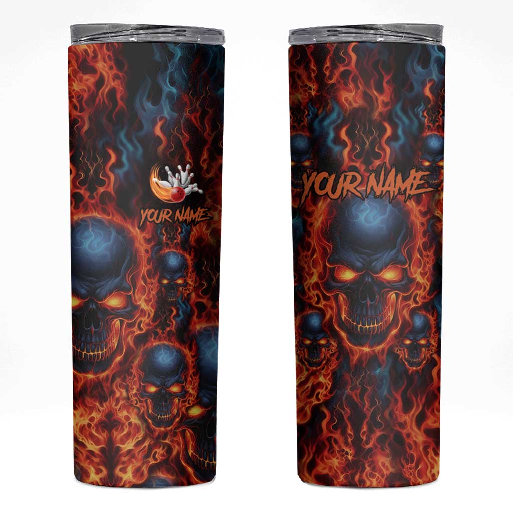 Custom Flaming Skull Bowling Skinny Tumbler with Fiery Pins and Intense Red Blue Flame Pattern - Wonder Print Shop