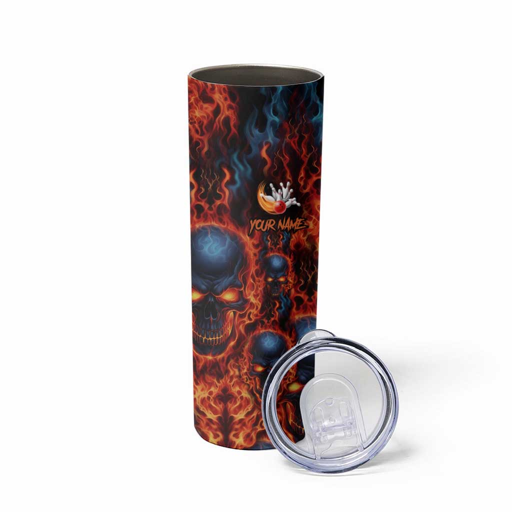 Custom Flaming Skull Bowling Skinny Tumbler with Fiery Pins and Intense Red Blue Flame Pattern - Wonder Print Shop