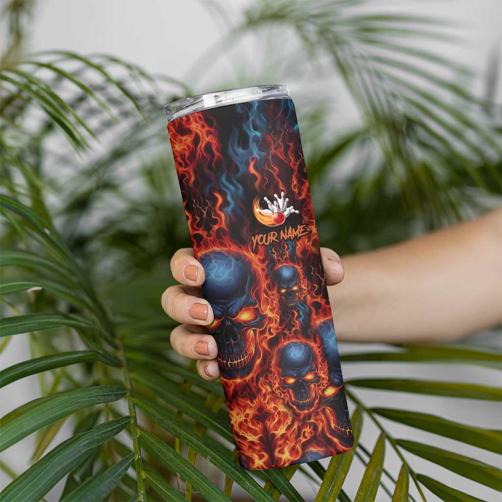 Custom Flaming Skull Bowling Skinny Tumbler with Fiery Pins and Intense Red Blue Flame Pattern - Wonder Print Shop