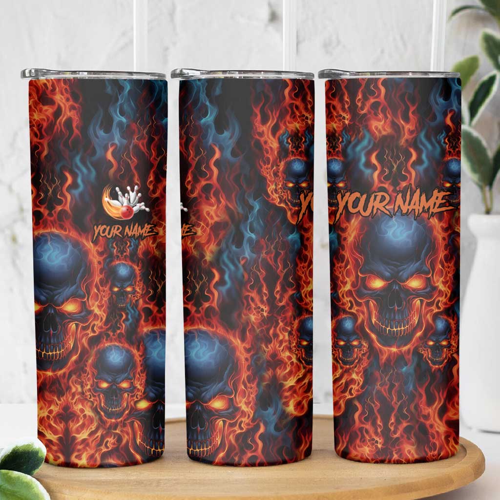 Custom Flaming Skull Bowling Skinny Tumbler with Fiery Pins and Intense Red Blue Flame Pattern - Wonder Print Shop