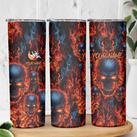 Custom Flaming Skull Bowling Skinny Tumbler with Fiery Pins and Intense Red Blue Flame Pattern - Wonder Print Shop