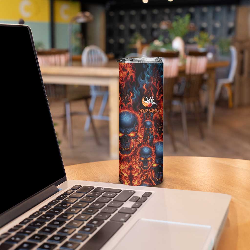 Custom Flaming Skull Bowling Skinny Tumbler with Fiery Pins and Intense Red Blue Flame Pattern - Wonder Print Shop