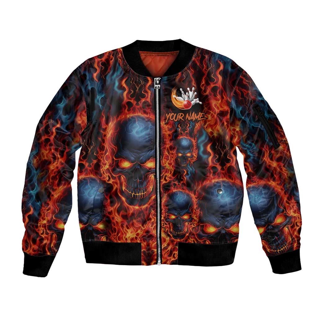 Custom Flaming Skull Bowling Sleeve Zip Bomber Jacket with Fiery Pins and Intense Red Blue Flame Pattern - Wonder Print Shop