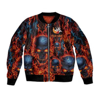 Custom Flaming Skull Bowling Sleeve Zip Bomber Jacket with Fiery Pins and Intense Red Blue Flame Pattern - Wonder Print Shop