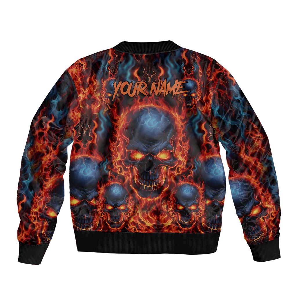 Custom Flaming Skull Bowling Sleeve Zip Bomber Jacket with Fiery Pins and Intense Red Blue Flame Pattern - Wonder Print Shop