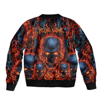 Custom Flaming Skull Bowling Sleeve Zip Bomber Jacket with Fiery Pins and Intense Red Blue Flame Pattern - Wonder Print Shop