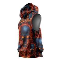 Custom Flaming Skull Bowling Sleeveless Hoodie with Fiery Pins and Intense Red Blue Flame Pattern - Wonder Print Shop