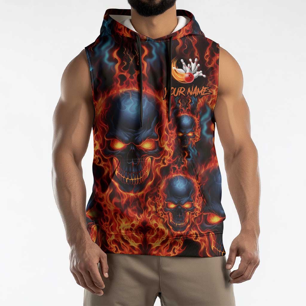 Custom Flaming Skull Bowling Sleeveless Hoodie with Fiery Pins and Intense Red Blue Flame Pattern - Wonder Print Shop
