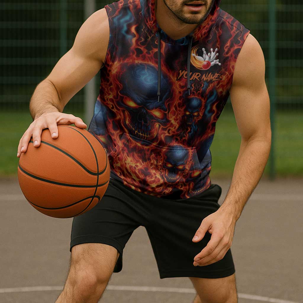 Custom Flaming Skull Bowling Sleeveless Hoodie with Fiery Pins and Intense Red Blue Flame Pattern - Wonder Print Shop