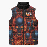 Custom Flaming Skull Bowling Sleeveless Puffer Jacket with Fiery Pins and Intense Red Blue Flame Pattern - Wonder Print Shop