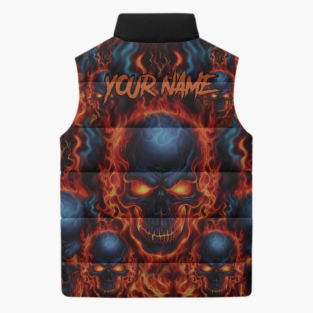 Custom Flaming Skull Bowling Sleeveless Puffer Jacket with Fiery Pins and Intense Red Blue Flame Pattern - Wonder Print Shop