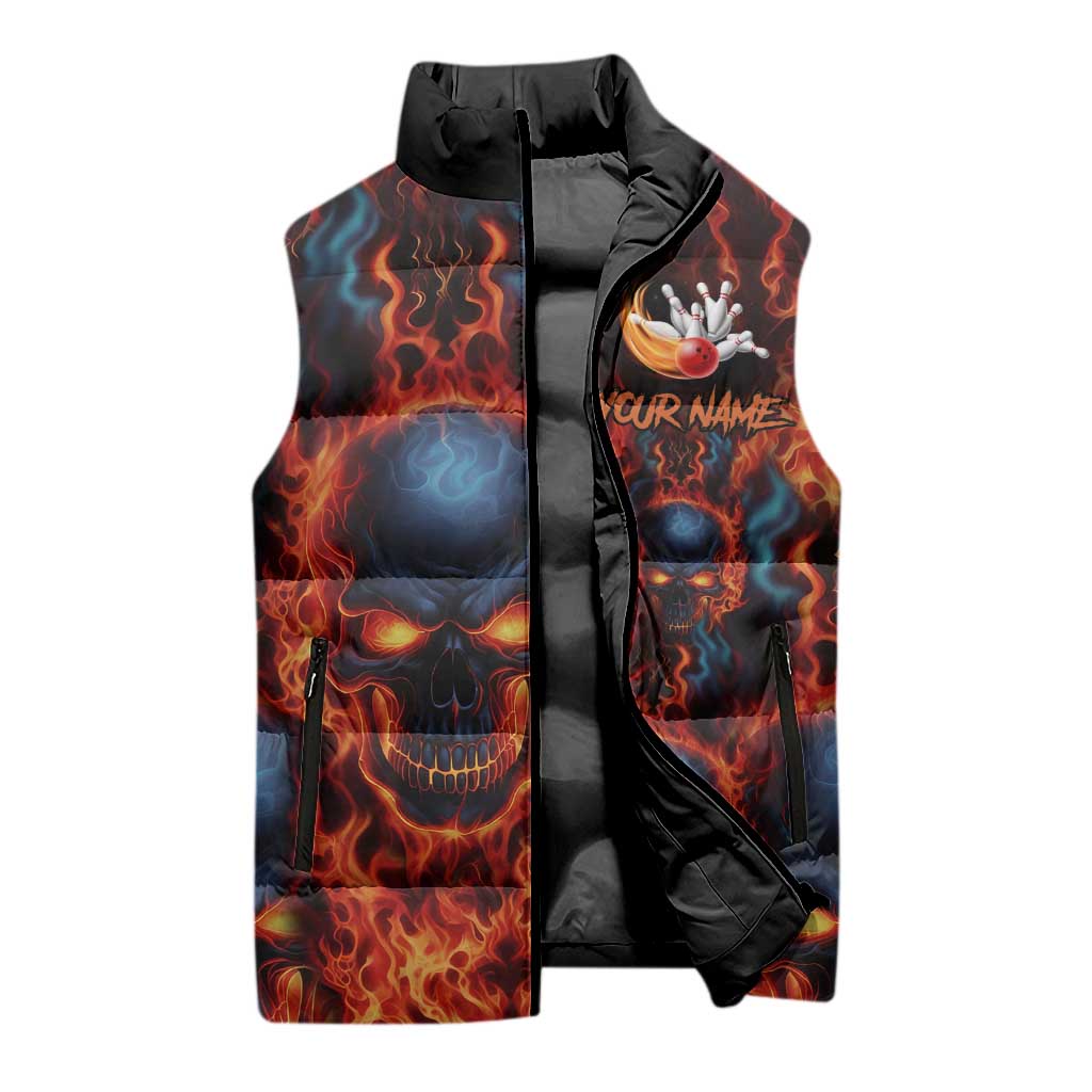 Custom Flaming Skull Bowling Sleeveless Puffer Jacket with Fiery Pins and Intense Red Blue Flame Pattern - Wonder Print Shop