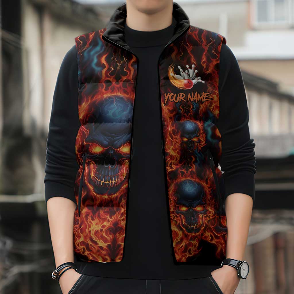 Custom Flaming Skull Bowling Sleeveless Puffer Jacket with Fiery Pins and Intense Red Blue Flame Pattern - Wonder Print Shop