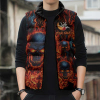 Custom Flaming Skull Bowling Sleeveless Puffer Jacket with Fiery Pins and Intense Red Blue Flame Pattern - Wonder Print Shop