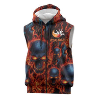 Custom Flaming Skull Bowling Sleeveless Zip Hoodie with Fiery Pins and Intense Red Blue Flame Pattern - Wonder Print Shop
