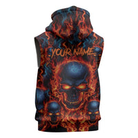 Custom Flaming Skull Bowling Sleeveless Zip Hoodie with Fiery Pins and Intense Red Blue Flame Pattern - Wonder Print Shop