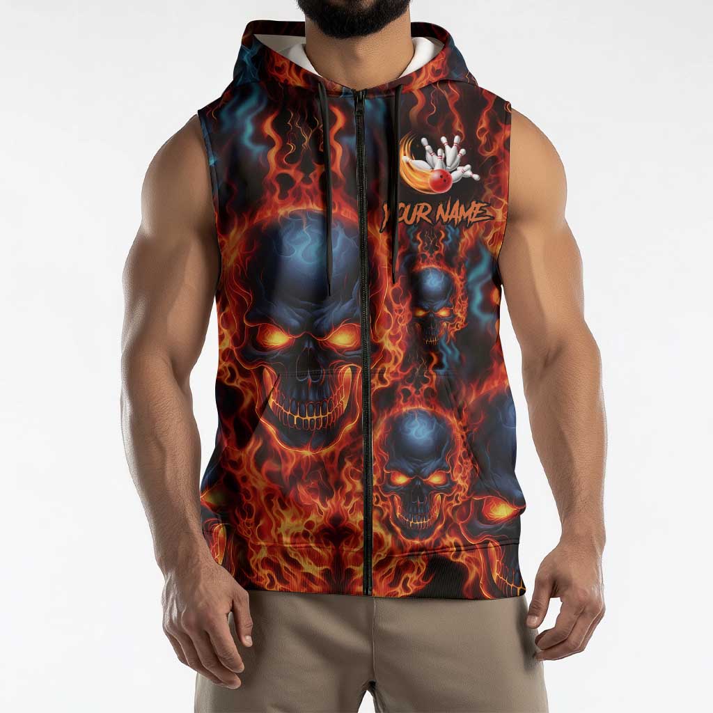 Custom Flaming Skull Bowling Sleeveless Zip Hoodie with Fiery Pins and Intense Red Blue Flame Pattern - Wonder Print Shop