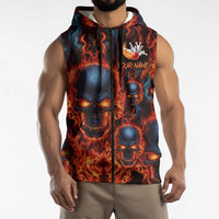 Custom Flaming Skull Bowling Sleeveless Zip Hoodie with Fiery Pins and Intense Red Blue Flame Pattern - Wonder Print Shop
