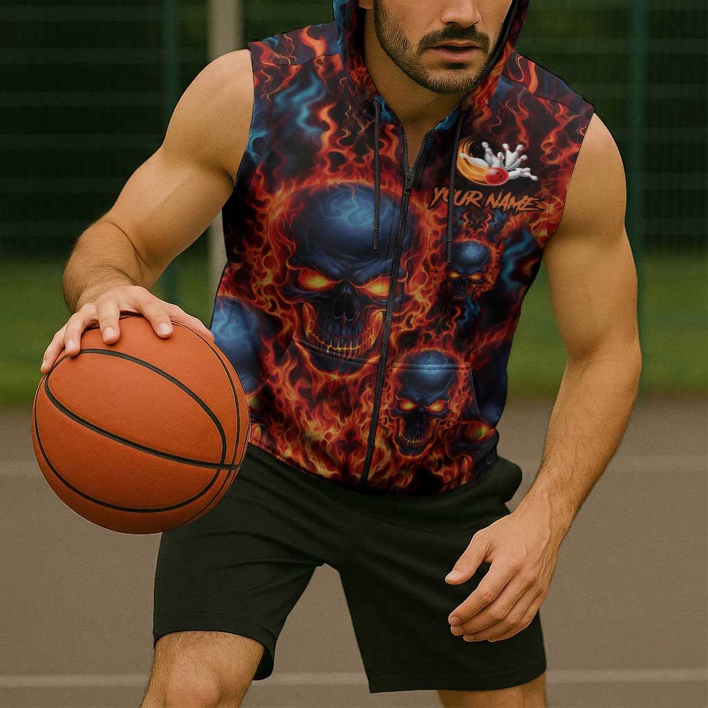 Custom Flaming Skull Bowling Sleeveless Zip Hoodie with Fiery Pins and Intense Red Blue Flame Pattern - Wonder Print Shop
