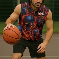 Custom Flaming Skull Bowling Sleeveless Zip Hoodie with Fiery Pins and Intense Red Blue Flame Pattern - Wonder Print Shop