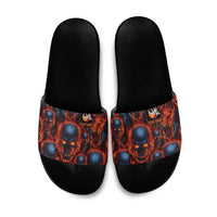 Custom Flaming Skull Bowling Slide Sandals with Fiery Pins and Intense Red Blue Flame Pattern - Wonder Print Shop