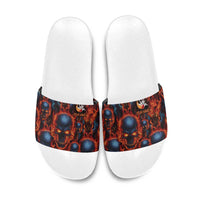Custom Flaming Skull Bowling Slide Sandals with Fiery Pins and Intense Red Blue Flame Pattern - Wonder Print Shop