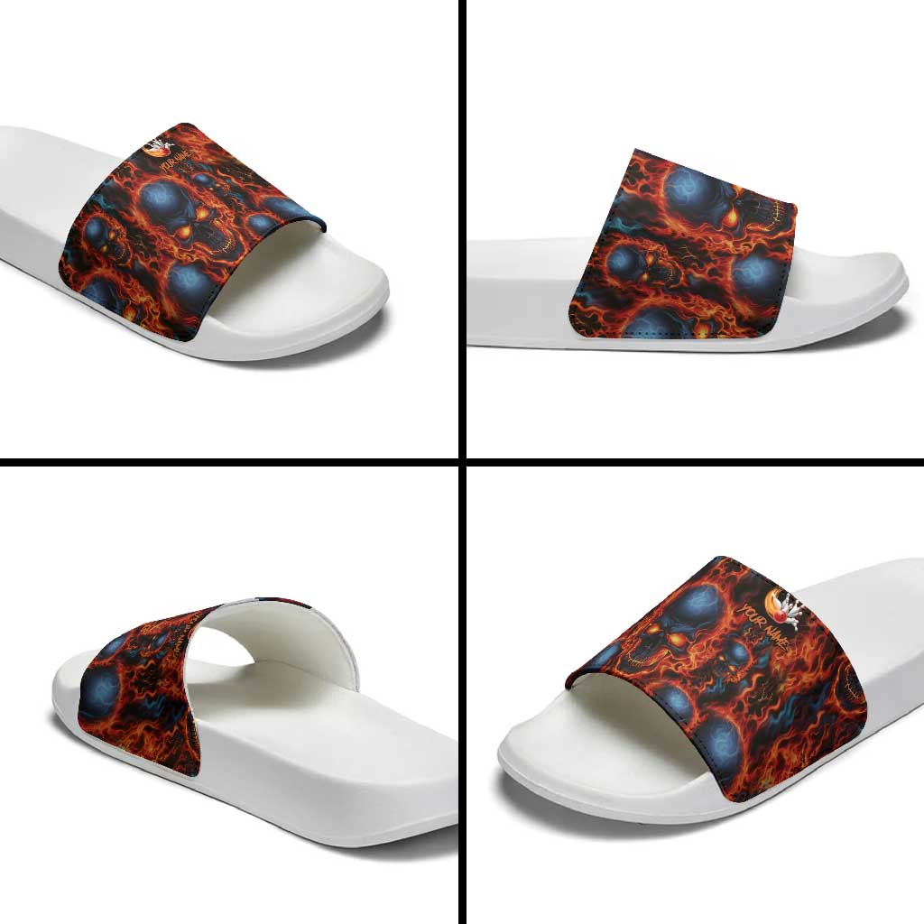 Custom Flaming Skull Bowling Slide Sandals with Fiery Pins and Intense Red Blue Flame Pattern - Wonder Print Shop
