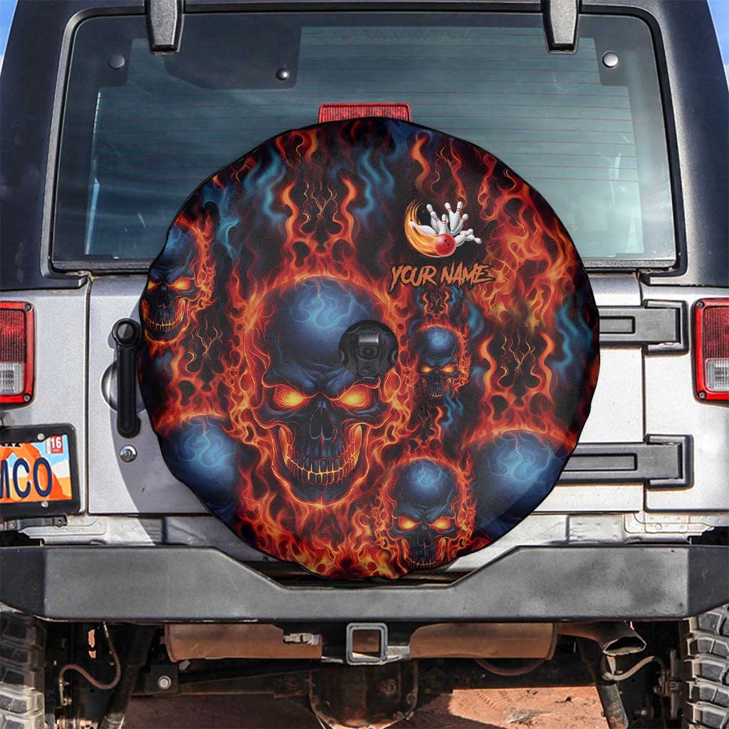 Custom Flaming Skull Bowling Spare Tire Cover with Fiery Pins and Intense Red Blue Flame Pattern - Wonder Print Shop