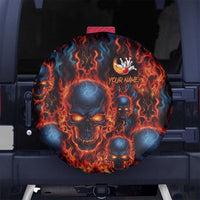 Custom Flaming Skull Bowling Spare Tire Cover with Fiery Pins and Intense Red Blue Flame Pattern - Wonder Print Shop