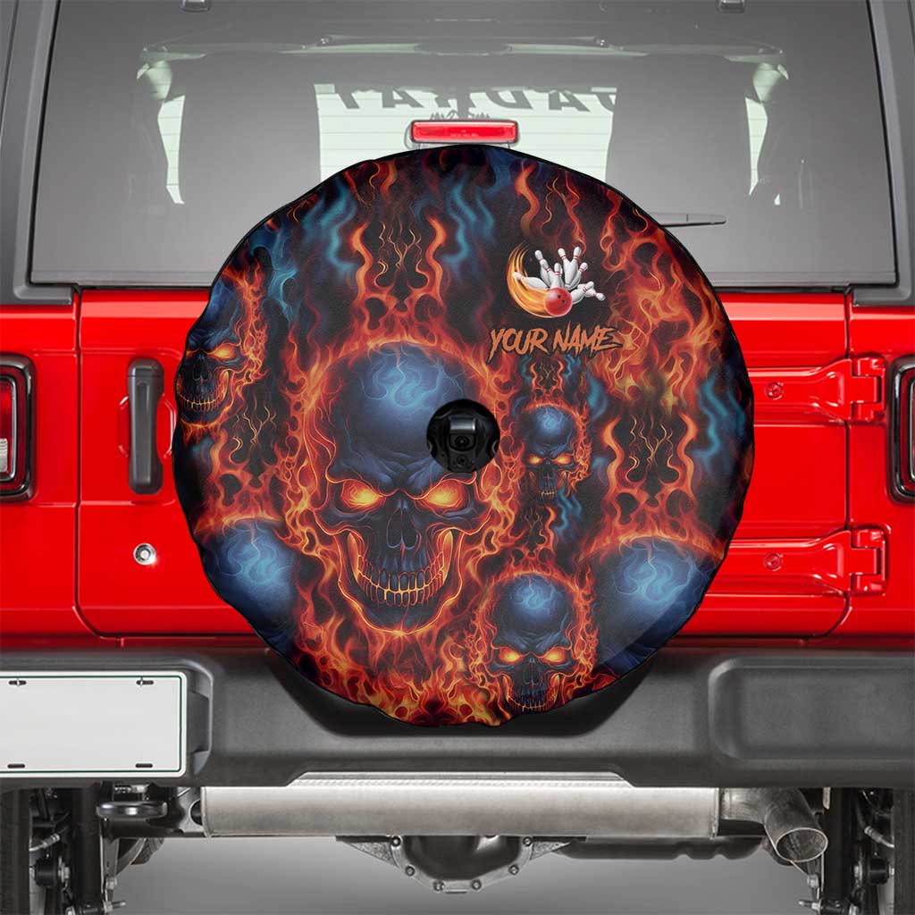 Custom Flaming Skull Bowling Spare Tire Cover with Fiery Pins and Intense Red Blue Flame Pattern - Wonder Print Shop