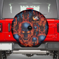 Custom Flaming Skull Bowling Spare Tire Cover with Fiery Pins and Intense Red Blue Flame Pattern - Wonder Print Shop