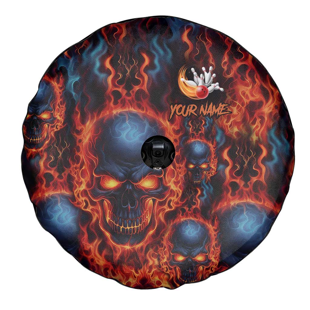 Custom Flaming Skull Bowling Spare Tire Cover with Fiery Pins and Intense Red Blue Flame Pattern - Wonder Print Shop