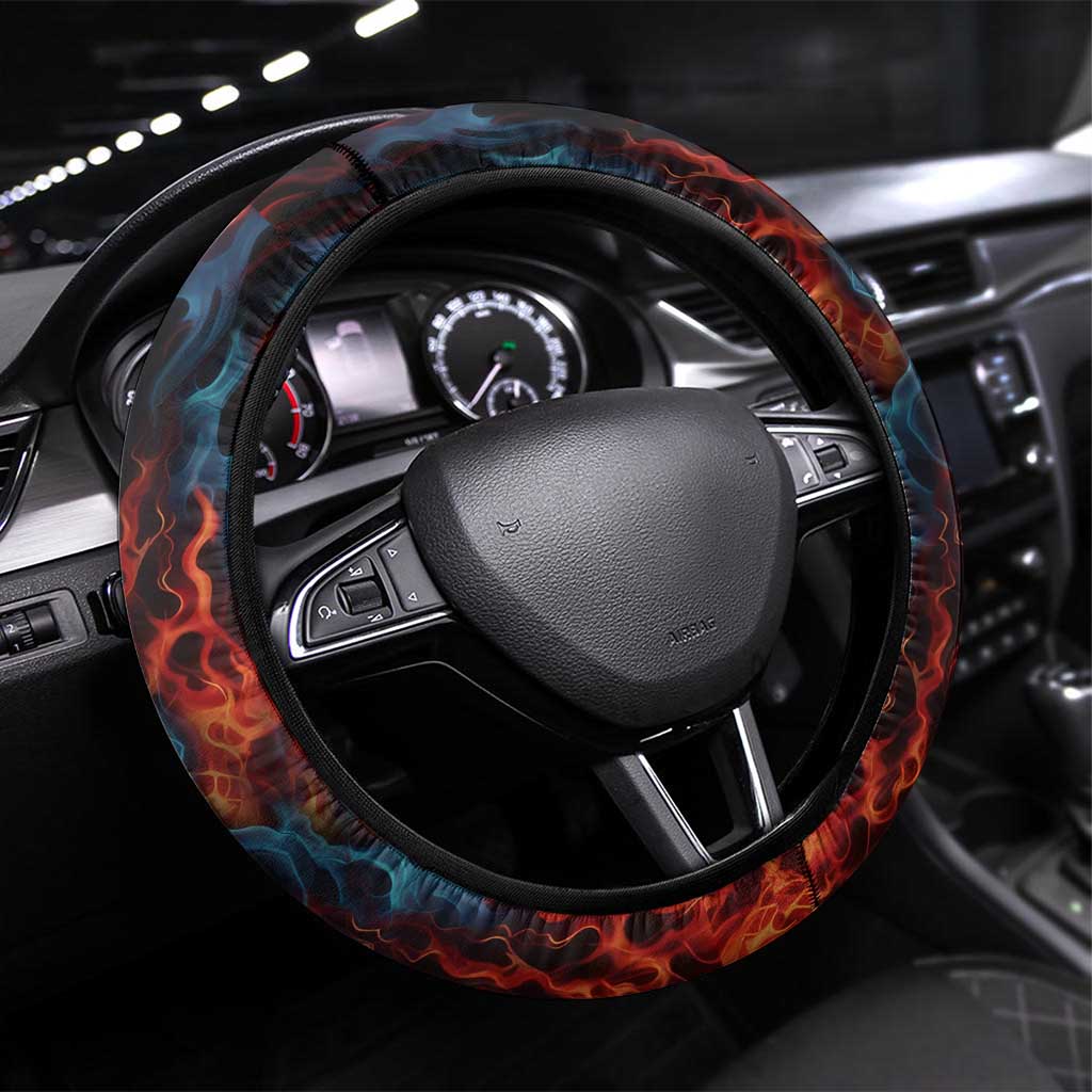 Flaming Skull Bowling Steering Wheel Cover with Fiery Pins and Intense Red Blue Flame Pattern - Wonder Print Shop