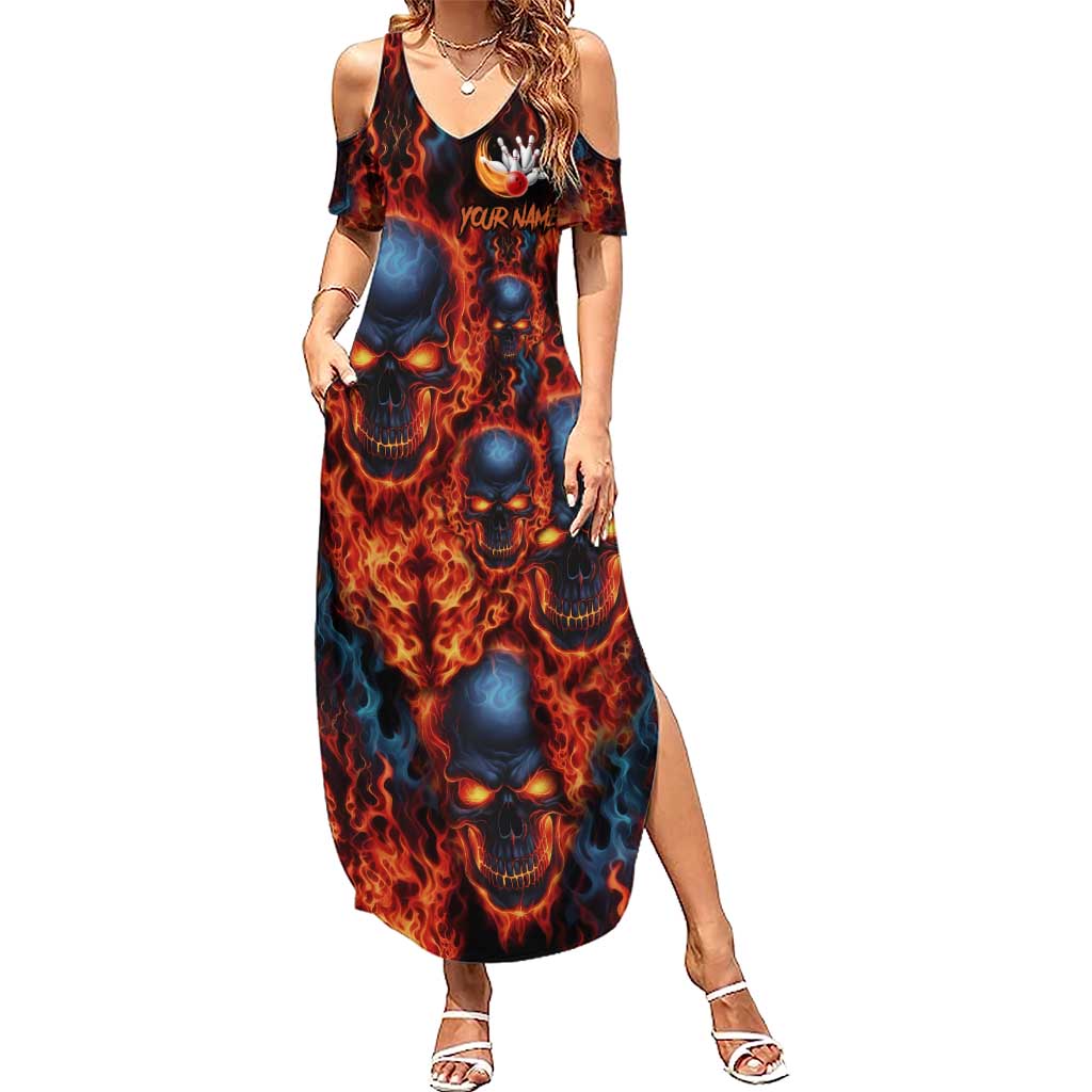 Custom Flaming Skull Bowling Summer Maxi Dress with Fiery Pins and Intense Red Blue Flame Pattern - Wonder Print Shop