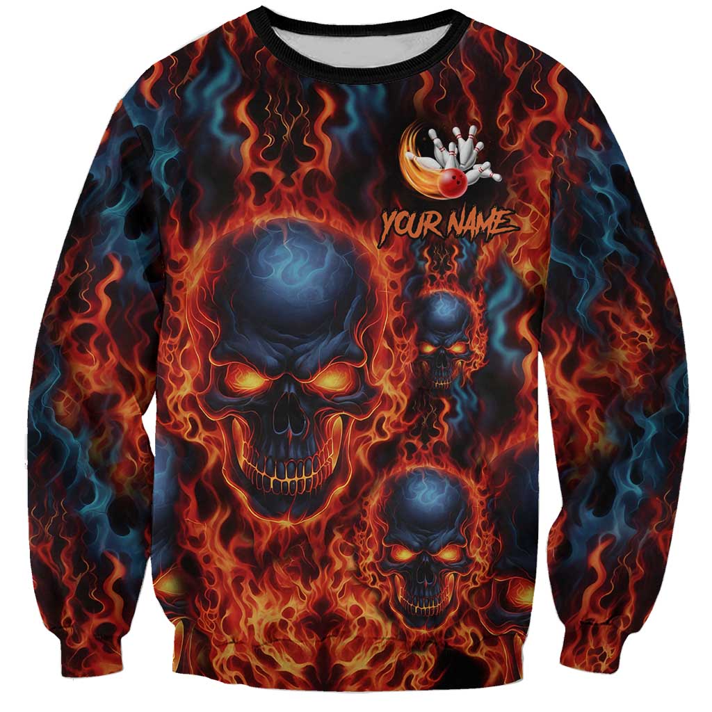 Custom Flaming Skull Bowling Sweatshirt with Fiery Pins and Intense Red Blue Flame Pattern - Wonder Print Shop