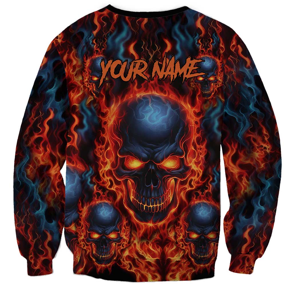 Custom Flaming Skull Bowling Sweatshirt with Fiery Pins and Intense Red Blue Flame Pattern - Wonder Print Shop