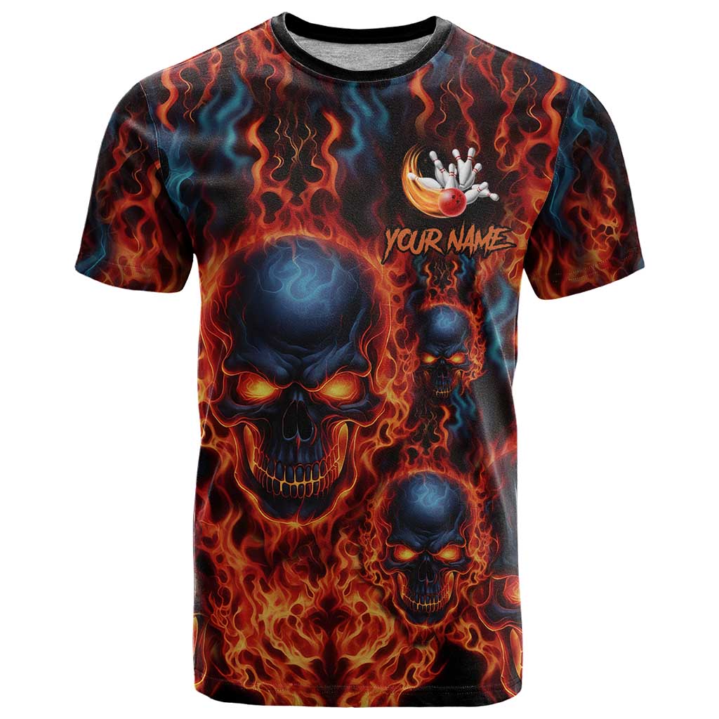 Custom Flaming Skull Bowling T Shirt with Fiery Pins and Intense Red Blue Flame Pattern - Wonder Print Shop