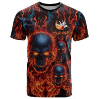 Custom Flaming Skull Bowling T Shirt with Fiery Pins and Intense Red Blue Flame Pattern - Wonder Print Shop