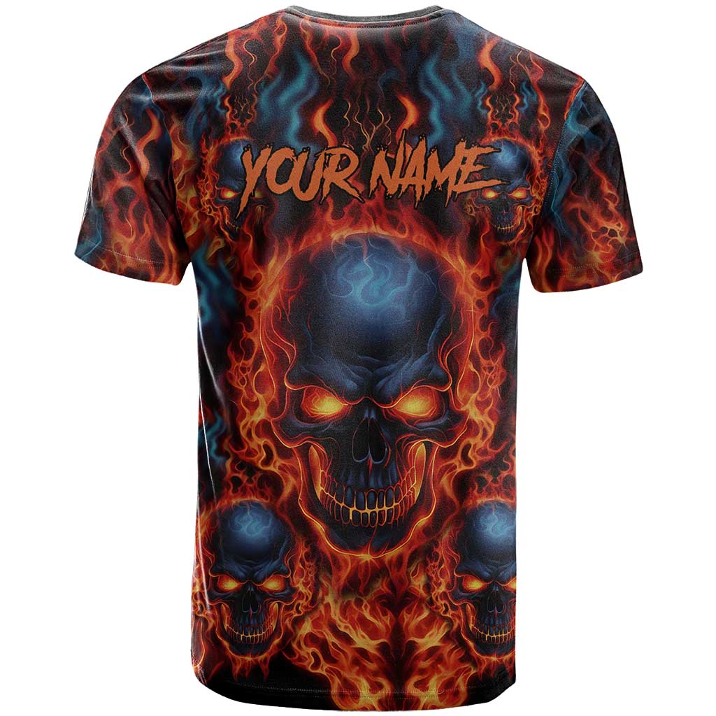Custom Flaming Skull Bowling T Shirt with Fiery Pins and Intense Red Blue Flame Pattern - Wonder Print Shop