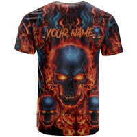 Custom Flaming Skull Bowling T Shirt with Fiery Pins and Intense Red Blue Flame Pattern - Wonder Print Shop