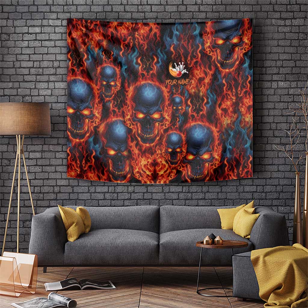 Custom Flaming Skull Bowling Tapestry with Fiery Pins and Intense Red Blue Flame Pattern - Wonder Print Shop