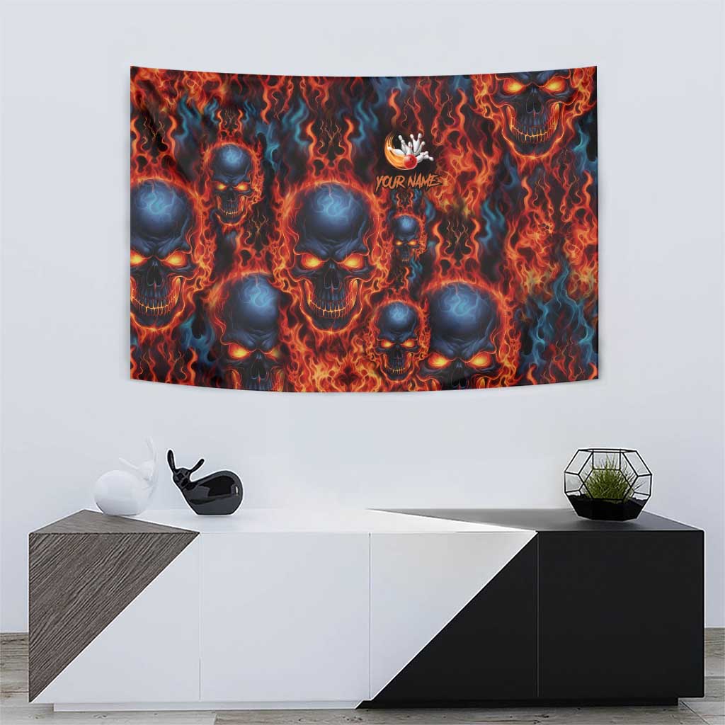 Custom Flaming Skull Bowling Tapestry with Fiery Pins and Intense Red Blue Flame Pattern - Wonder Print Shop