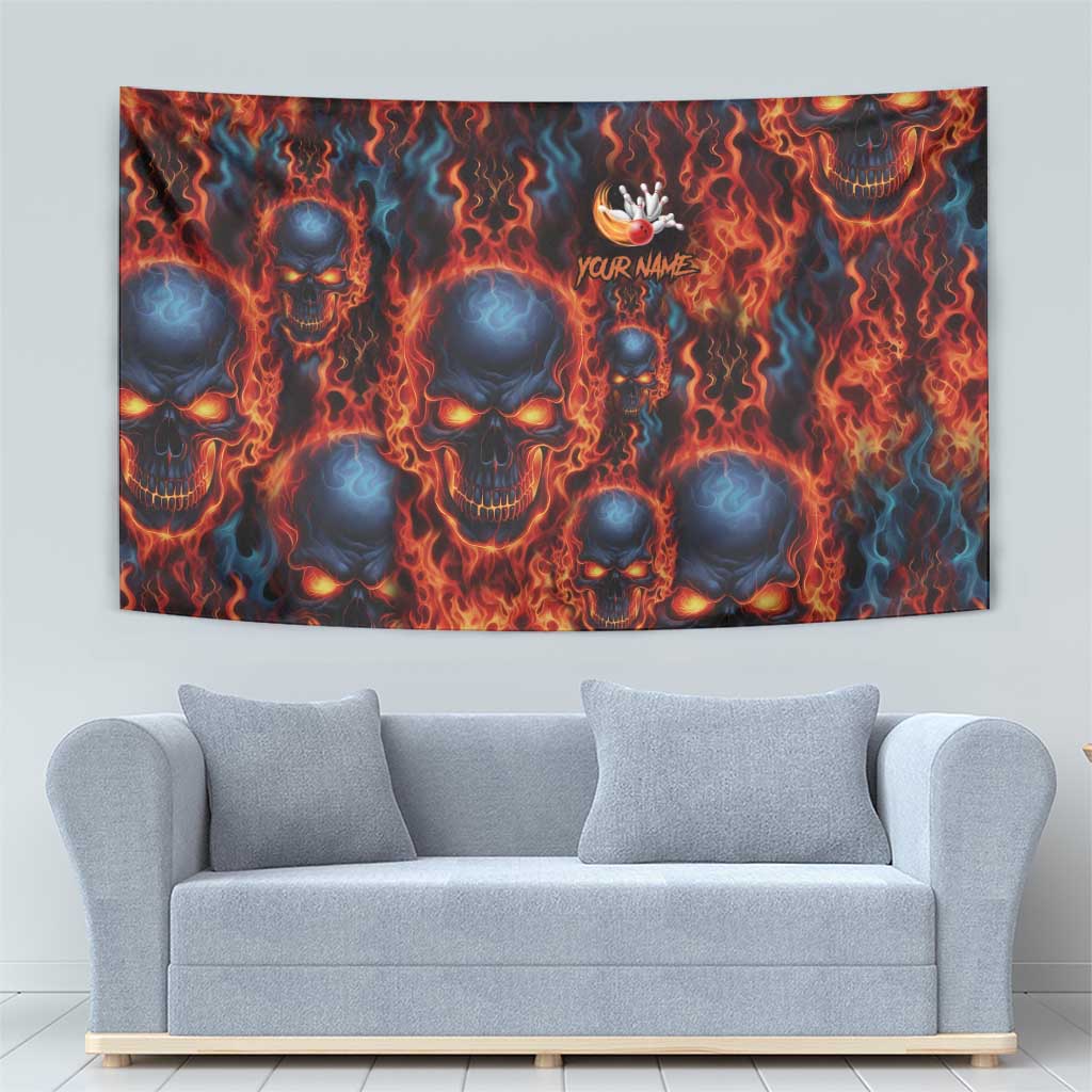 Custom Flaming Skull Bowling Tapestry with Fiery Pins and Intense Red Blue Flame Pattern - Wonder Print Shop