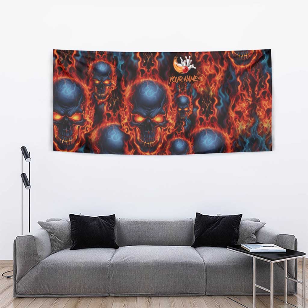 Custom Flaming Skull Bowling Tapestry with Fiery Pins and Intense Red Blue Flame Pattern - Wonder Print Shop