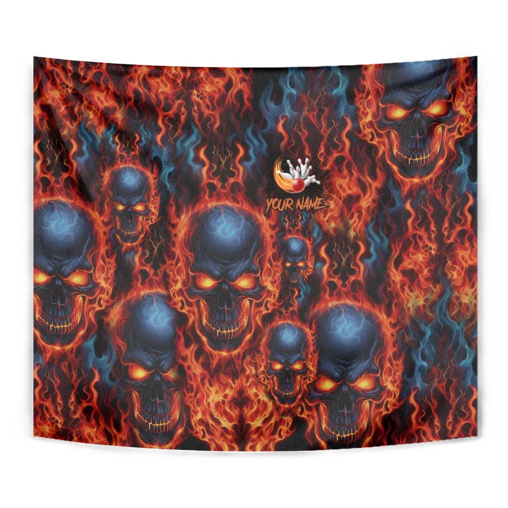 Custom Flaming Skull Bowling Tapestry with Fiery Pins and Intense Red Blue Flame Pattern - Wonder Print Shop