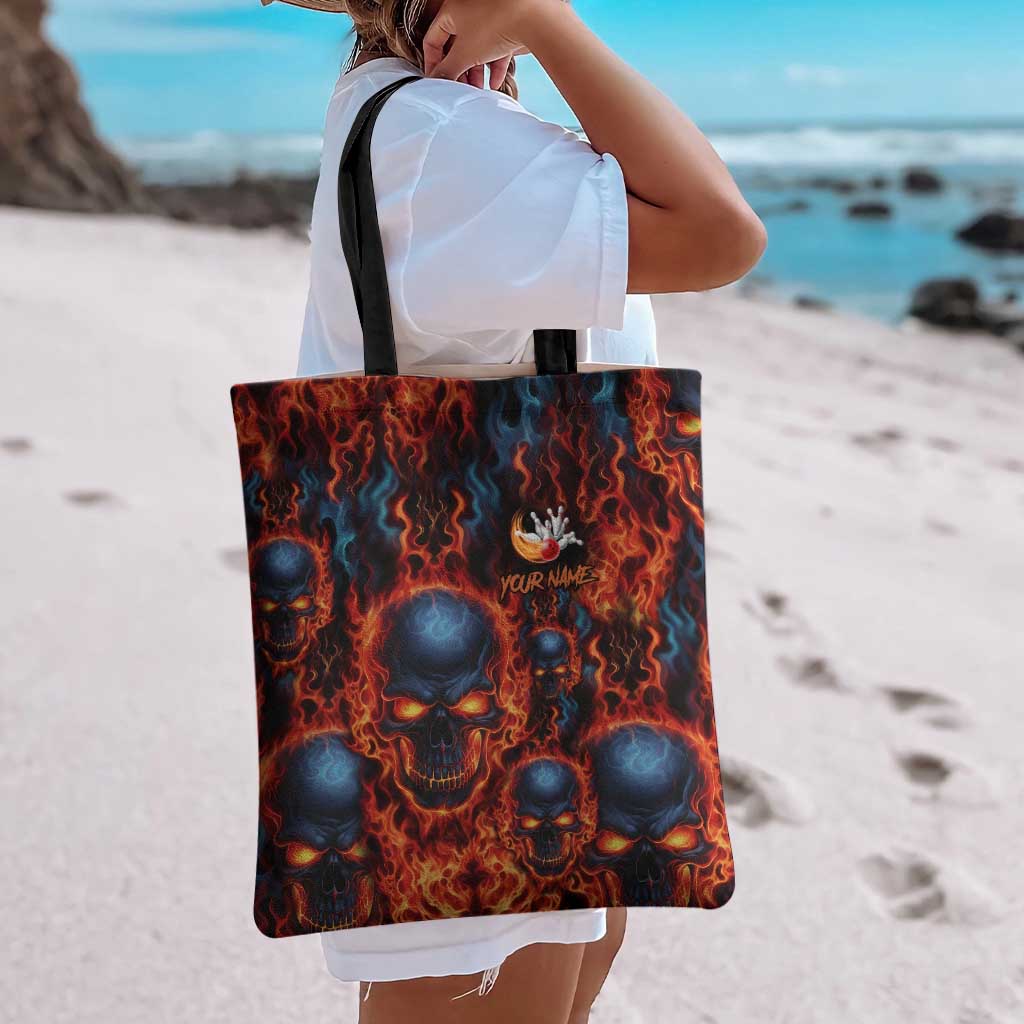 Custom Flaming Skull Bowling Tote Bag with Fiery Pins and Intense Red Blue Flame Pattern - Wonder Print Shop