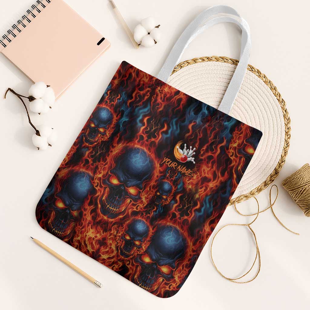 Custom Flaming Skull Bowling Tote Bag with Fiery Pins and Intense Red Blue Flame Pattern - Wonder Print Shop